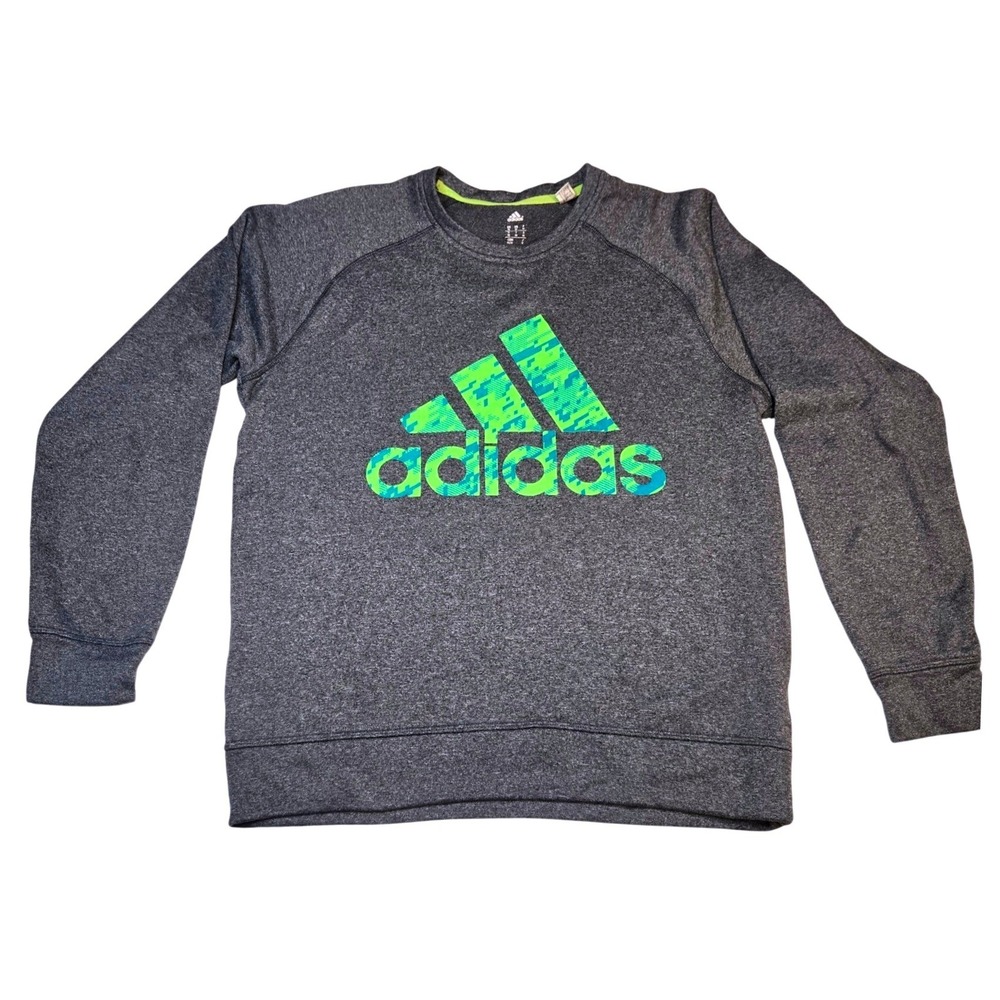 Adidas Climawarm Sweatshirt Mens Medium Gray Neon Green Blue Graphic Pullover
